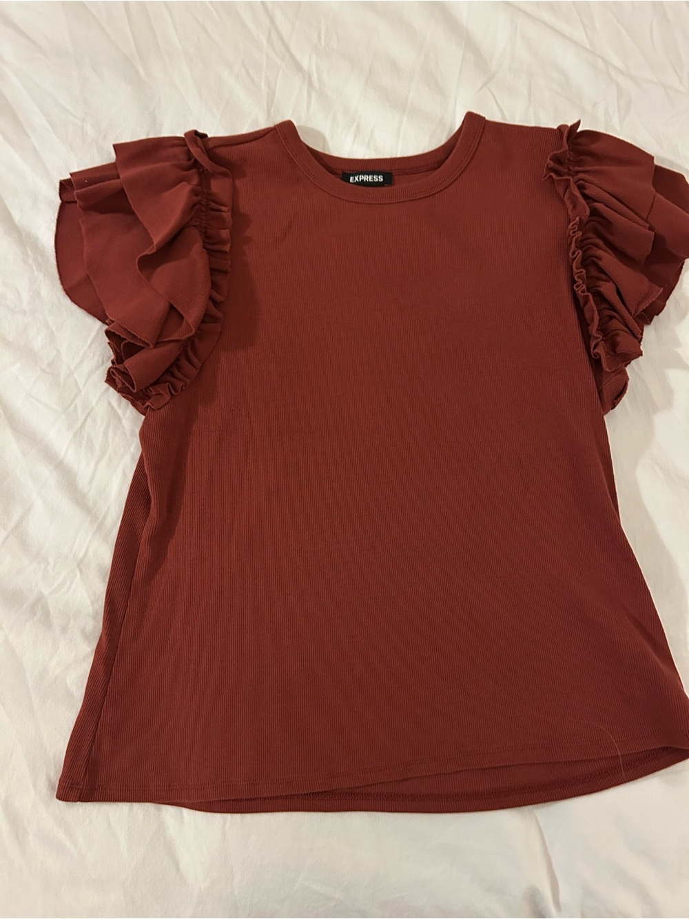Express Rust Ruffle Sleeve Short Sleeve Top